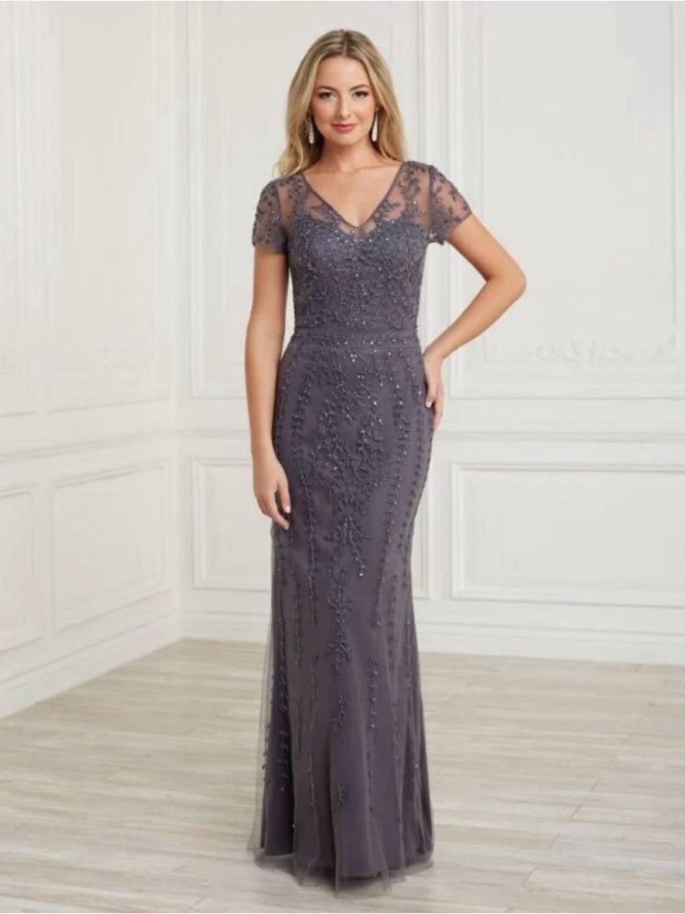 Christina Wu #17036 Gunmetal Lace Short Sleeve Mother of the Bride Dress 14